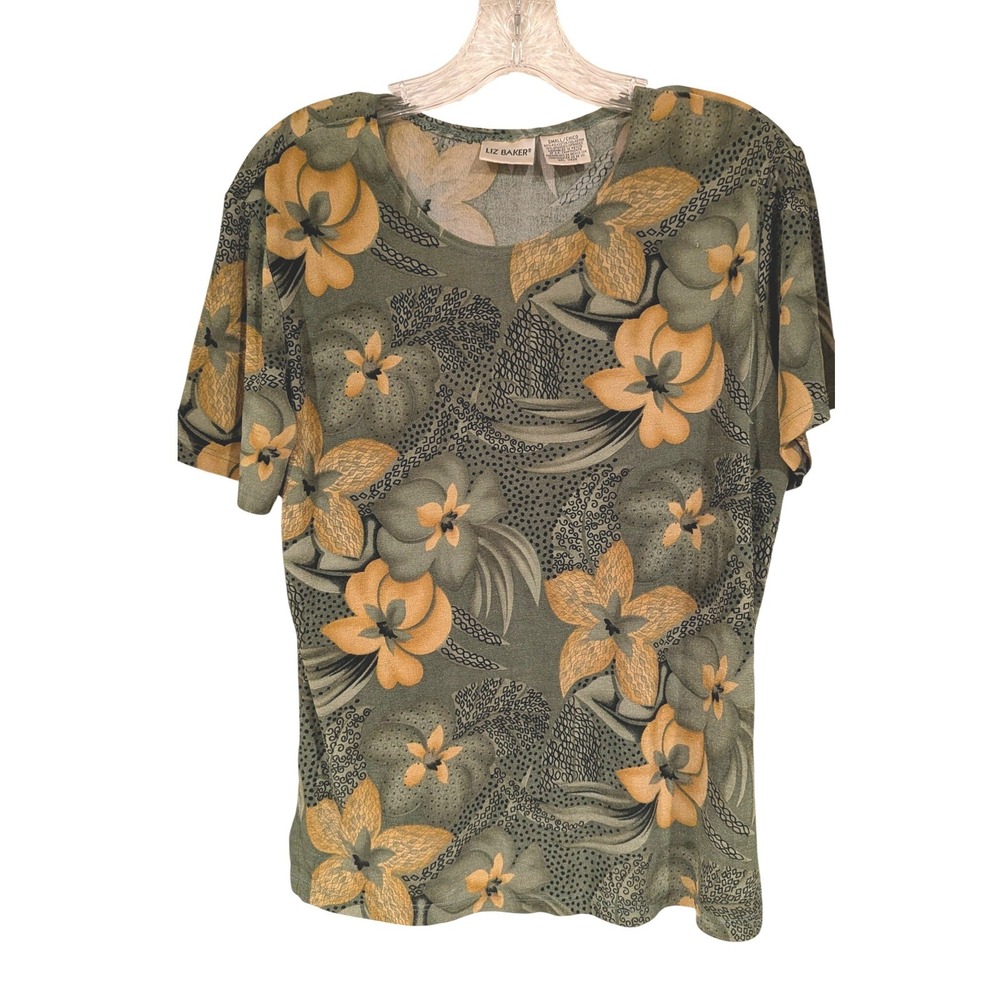 Liz Baker Womens Small Floral Print Short Sleeve Casual‎ Top Green Tan